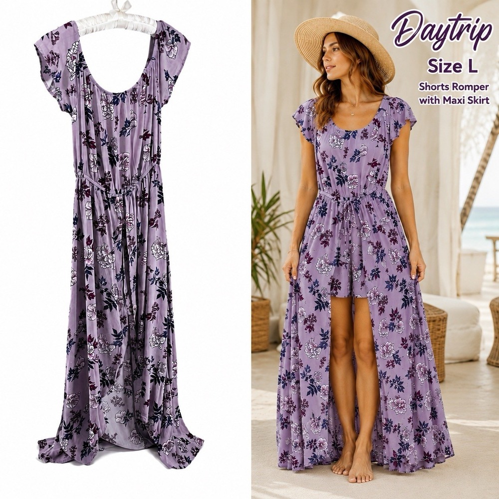 Daytrip Size L Floral Maxi Skort Romper Overlay Shorts Boho Festival Dress